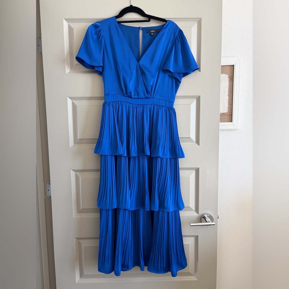 Lulus Royal Cobalt Blue Tiered Wrap Midi Dress Wedding Guest Size M